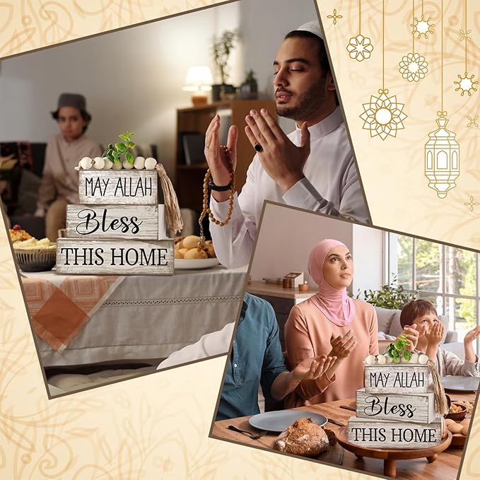 5 Pcs Islamic Table Decor Farmhouse Eid Ramadan Tiered Tray Decor White Stacked Books with Wood Bead Tassels Eucalyptus Leaves Eid Ramadan Block Signs Islamic Decoration for Home Kitchen
