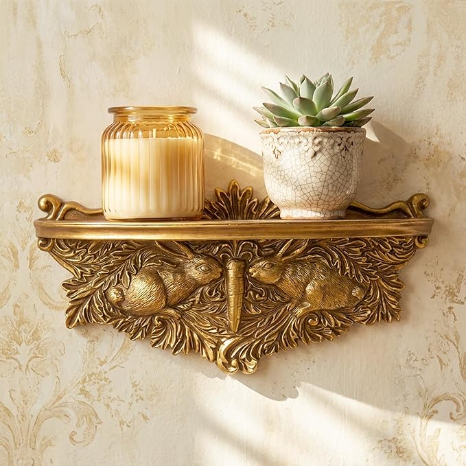 American Art Decor Vintage Ornate Resin Rabbits & Carrot Manor Floating Wall Mounted Shelf in Antique Gold - Rococo Baroque Shabby Chic Ledge for Small Displays