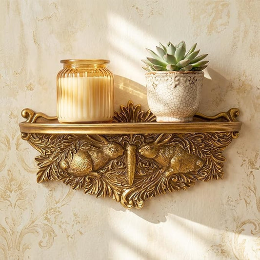 American Art Decor Vintage Ornate Resin Rabbits & Carrot Manor Floating Wall Mounted Shelf in Antique Gold - Rococo Baroque Shabby Chic Ledge for Small Displays