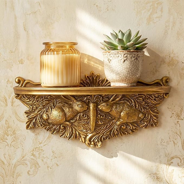 American Art Decor Vintage Ornate Resin Rabbits & Carrot Manor Floating Wall Mounted Shelf in Antique Gold - Rococo Baroque Shabby Chic Ledge for Small Displays