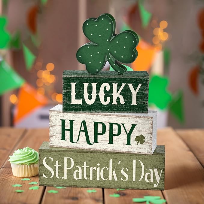 Marsui 4 Pcs St. Patrick's Day Decorations Shamrock Wooden Signs Green Irish Tabletop Centerpieces rustic Distressed Shamrock Blocks St Patricks Day Decor for Home Table Kitchen Shelf Tiered Tray