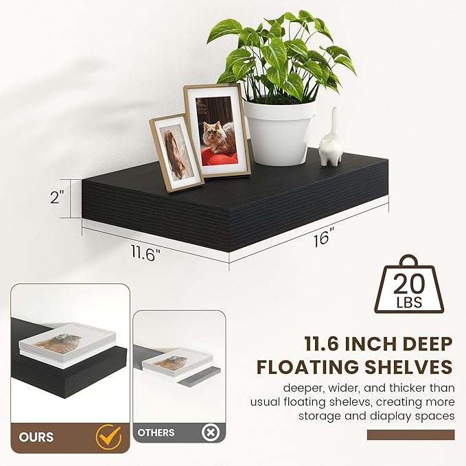 Deep Floating Shelves | 16 Inch Black Floating Shelves Set of 2 | 12 Inch Deep Black Wall Shelves | Deep Shelves for Living Room Bathroom Kitchen Bedroom