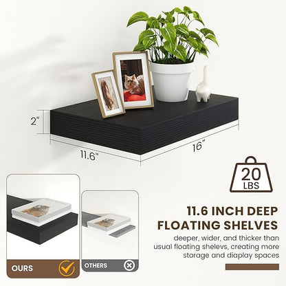 Deep Floating Shelves | 16 Inch Black Floating Shelves Set of 2 | 12 Inch Deep Black Wall Shelves | Deep Shelves for Living Room Bathroom Kitchen Bedroom
