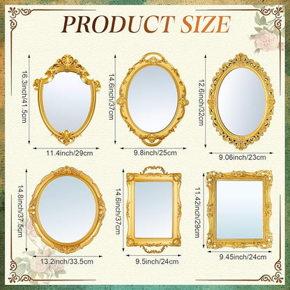 6 Pcs Vintage Gold Mirrors Set Including Small Oval Wall Mirror Antique Shield Shape Square Decorative Mirror Dresser Mirrored Tray for Bedroom Wedding Victorian Decor (Classic,Gold)