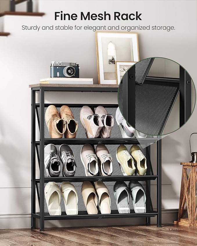 Shoe Rack, 4-Tier Slanted Shoe Storage Shelf, Narrow Shoe Rack for Entryway, Shoe Organizer with Adjustable Feet, Slim Shoe Shelf with Wooden Top and Metal Frame, Greige and Black TXJ75BG
