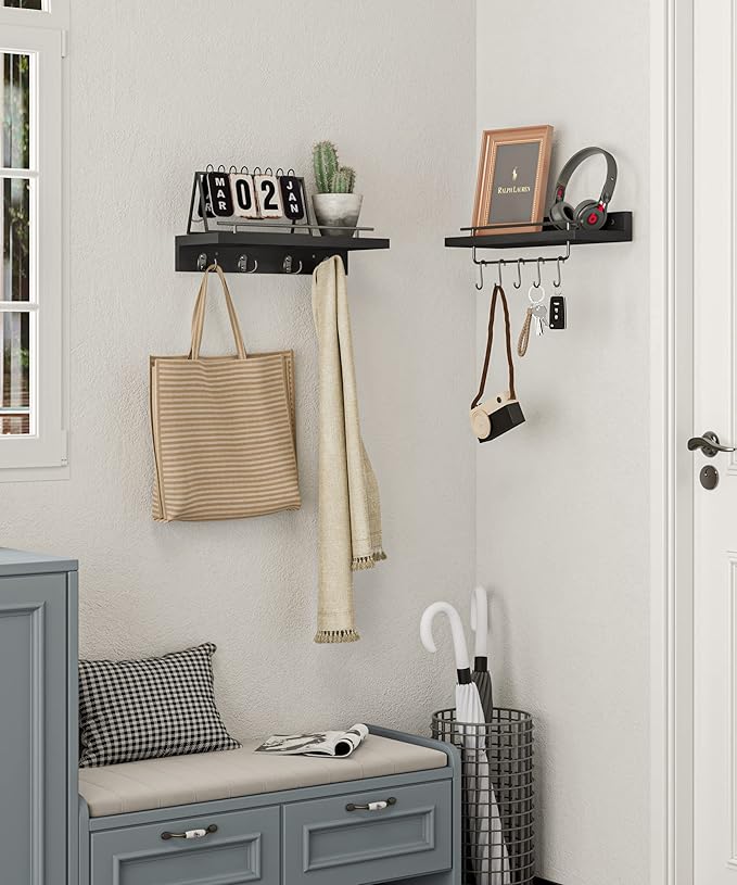 Wood Floating Shelves with Metal Hooks, Wall Mounted Coat Rack with Shelf Set of 2, Bathroom Wall Shelf with Removable Towel Bar, Hanging Shelves with 9 Hooks for Kitchen Entryway Coffee Bar, Black