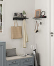 Wood Floating Shelves with Metal Hooks, Wall Mounted Coat Rack with Shelf Set of 2, Bathroom Wall Shelf with Removable Towel Bar, Hanging Shelves with 9 Hooks for Kitchen Entryway Coffee Bar, Black