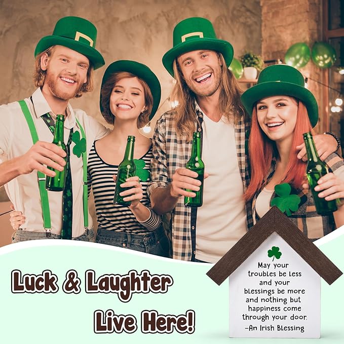 MBL St Patrick's Day Decoration - Happy Saint Patricks Day Accessories Gifts Green Shamrock Home Table Office Shelf Spring Tiered Tray Decor Centerpiece for Women Men, Wood Irish Blessing Sign