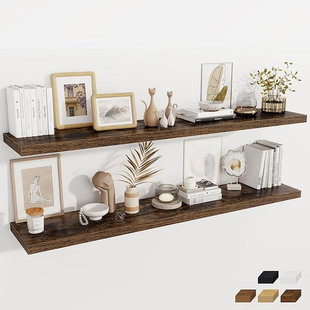 Fun Memories 12 Inch Deep Floating Shelves, 67 Inch Long Extra Large Floating Shelves Set of 2, Wood Wall Shelves for Living Room, Kitchen, Bedroom, Farmhouse, Laundry Room, Home Office - Rustic Brown