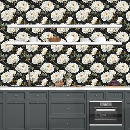 Black White Floral Peel and Stick Wallpaper Chrysanthemum Contact Paper 17.5" × 118" Waterproof Vinyl Self Adhesive Vintage Dark Flower Wall Paper for Bedroom Walls Cabinet Locker Decor