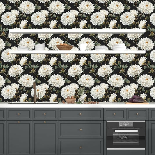 Black White Floral Peel and Stick Wallpaper Chrysanthemum Contact Paper 17.5" × 118" Waterproof Vinyl Self Adhesive Vintage Dark Flower Wall Paper for Bedroom Walls Cabinet Locker Decor