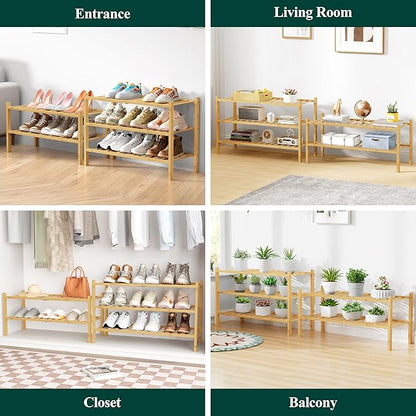 Smiry Bamboo Shoe Rack for Closet, 2 Tier Wooden Stackable Shoe Organizer, Free Standing Shoes Storage Shelf for Entryway, Front Door Entrance, Natural