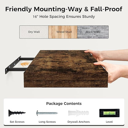 12 Inch Deep Floating Shelves, 24 x 12 Floating Shelf for Books, Rustic Wood Deep Wall Shelves for Home Storage & Display, 2" Thicked Shelves for Kitchen, Living Room, Bedroom, Rustic Brown, 1 Pack