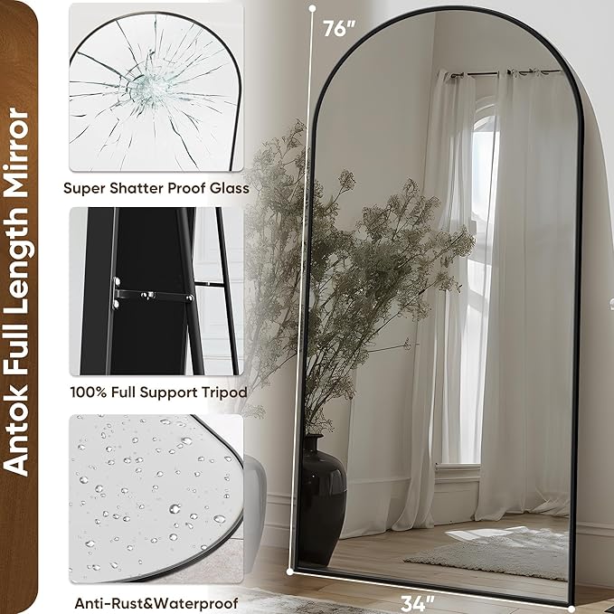 Antok Arched Full Length Mirror, 76"x34" Black Metal Frame Floor Mirror for Bedroom Living Room, Freestanding/Wall Mount/Leaning