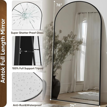 Antok Arched Full Length Mirror, 76"x34" Black Metal Frame Floor Mirror for Bedroom Living Room, Freestanding/Wall Mount/Leaning