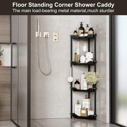 Orimade Rustproof 4 Tier Floor Standing Corner Shower Caddy Organizer, Plastic Metal Splicing Floor Corner Shelf Rack Storage Stands for Bathroom,10.8 x 10.8 x 44.6 inches, Black