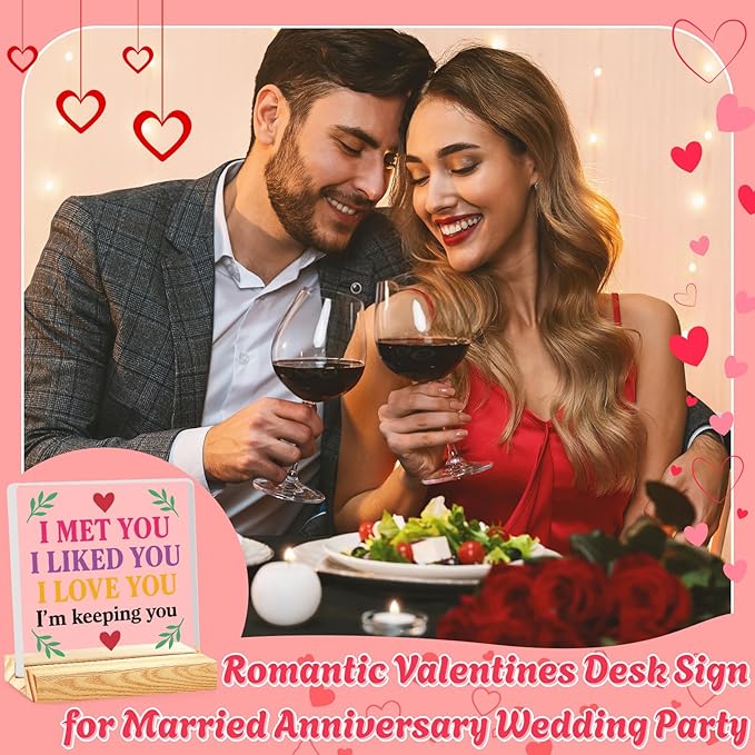 Valentines Desk Decor, Happy Valentine's Day Home Office Table Sign for Porch Tiered Tray Shelf Party, Rustic Romantic Acrylic Gifts Decorations for Him Her Wife, I Met You