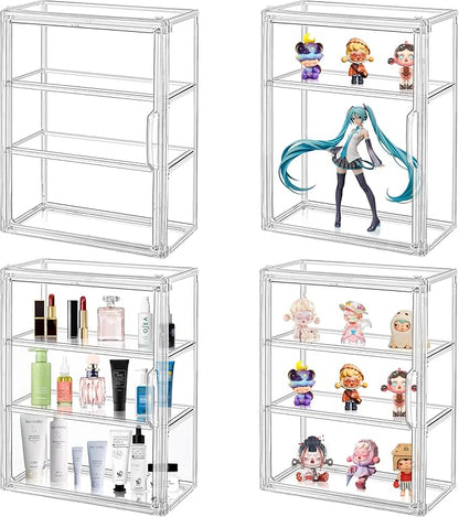 Montex Acrylic Display Case for Collectibles 3 Tier, Figure Display Case with 2 Movable Plates, Dustproof Showcase for Collectibles, Clear Display Case for Figures(4 Pack)