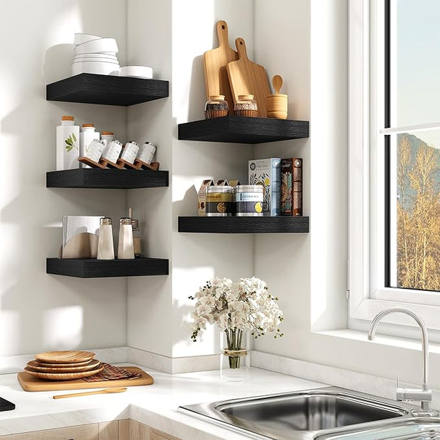 Fun Memories Floating Shelves for Wall 10 Inch, 10 Inch Deep Square Wall Shelves, Bathroom Storage Shelves Over Toilet, Wood Floating Shelves for Living Room Bedroom, Black, Set of 2