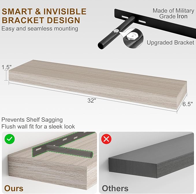 Fun Memories Floating Shelves for Wall, 32Inch Floating Shelves Set of 2, Hanging Shelf with Invisible Brackets, Wood Shelves for Living Room, Bedroom, Kitchen, Grey