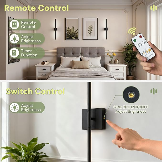 L LOHAS LED Battery Operated Wall Sconces Set of 2, Battery Wall Sconce 10000mAh, Black Rechargeable Sconces 6000K, 28.3 Inch Wireless Wall Lights, Sconce Wall Decor for Bedroom, Living Room