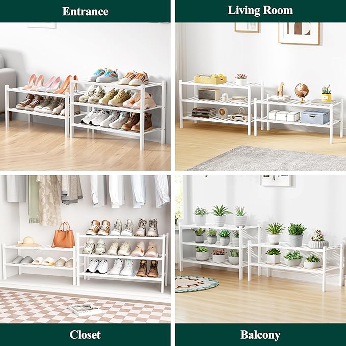 Smiry Bamboo Shoe Rack for Closet, 4 Tier Wooden Stackable Shoe Organizer, Free Standing Shoes Storage Shelf for Entryway, Front Door Entrance, White