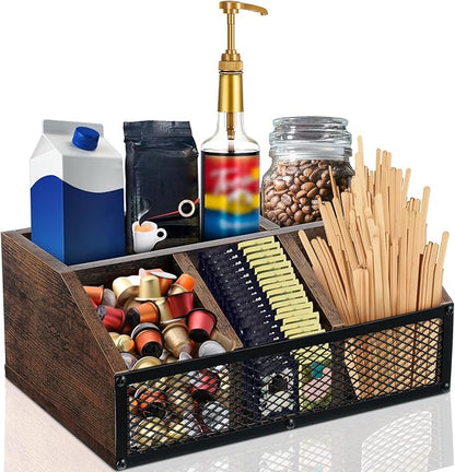 Coffee Station Organizer for Countertop, All in One No Assembly Wood Coffee Creamer Bar Holder with Iron Mesh, Office Tea Bar Accessories Gift for New Home Birthday(Dark Brown,Classical)
