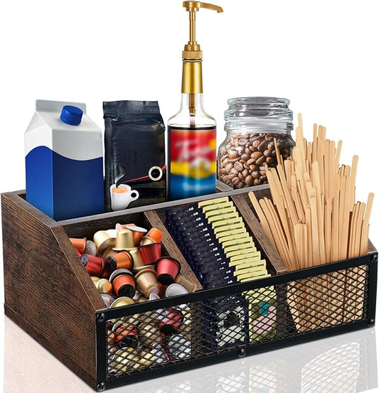 Coffee Station Organizer for Countertop, All in One No Assembly Wood Coffee Creamer Bar Holder with Iron Mesh, Office Tea Bar Accessories Gift for New Home Birthday(Dark Brown,Classical)