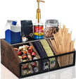 Coffee Station Organizer for Countertop, All in One No Assembly Wood Coffee Creamer Bar Holder with Iron Mesh, Office Tea Bar Accessories Gift for New Home Birthday(Dark Brown,Classical)
