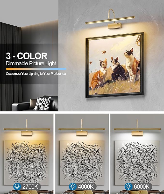 Battery Operated Picture Light with Remote, 24 inch Wireless Rechargeable Art Light with Timer, Dimmable 3CCT Gallery Lighting for Paintings, Portraits, and Canvas (Brass, 23.6inch)