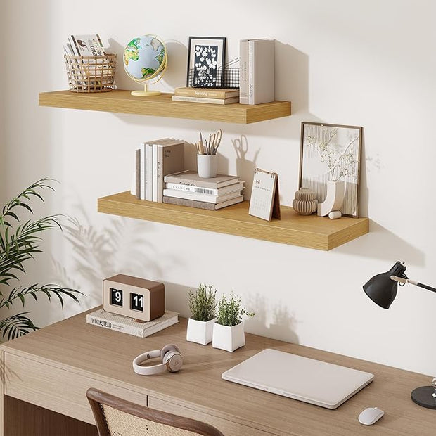Fun Memories Floating Shelves for Wall 36 Inches, Wood Shelves with Invisible Bracket, 10" Deep Shelves Wall Mounted, Large Wood Floating Shelves for Living Room Bathroom, Oak, Set of 2