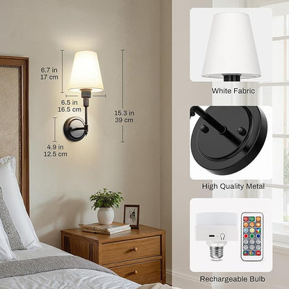 DORESshop Battery Operated Wall Sconce Set of 2, Wall Light Wireless Easy to Install, Dimmable and Adjustable Sconces Wall Decor, Rechargeable Wall Lamp for Bedroom, Living Room, Black 14.8in