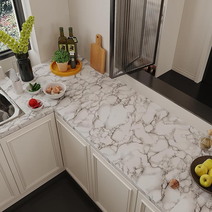 JSEVEM 31"×157" Extra Wide Thick White Grey Marble Wallpaper Peel and Stick Glossy Textured Cream Gray Granite Contact Paper Vinyl DIY Waterproof Wall Tile Sticker for Kitchen Bedroom Bathroom Walls
