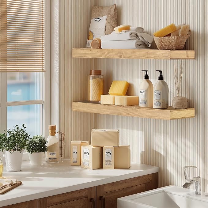36x6.8x2 Inch Rustic Floating Shelves for Wall Set of 2 - Oak Solid Wood Wall Mounted Shelves with Invisible Bracket, Extended Design for Farmhouse Living Room Bedroom Kitchen Decor