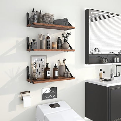 Heimlove Floating Shelves for Wall, 16 Inch Long Wood Floating Shelves Set of 3, Wall Mounted Hanging Shelf for Bathroom Bedroom Kitchen, Rustic Brown