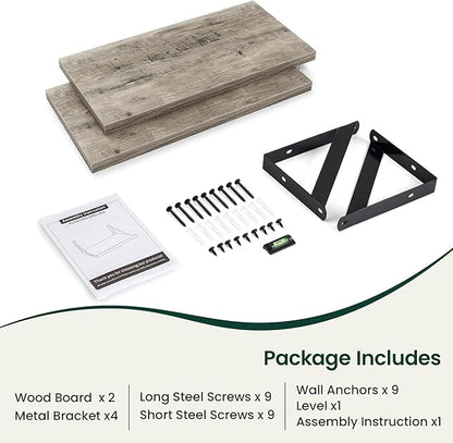 Floating Shelves, 8 Inch Deep Rustic Wood Wall Storage, 16W x 8D Wall Shelves Set of 2, Heavy Duty Metal Brackets, Industrial Book Shelf for Living Room, Kitchen, Bathroom, Bedroom, Grey