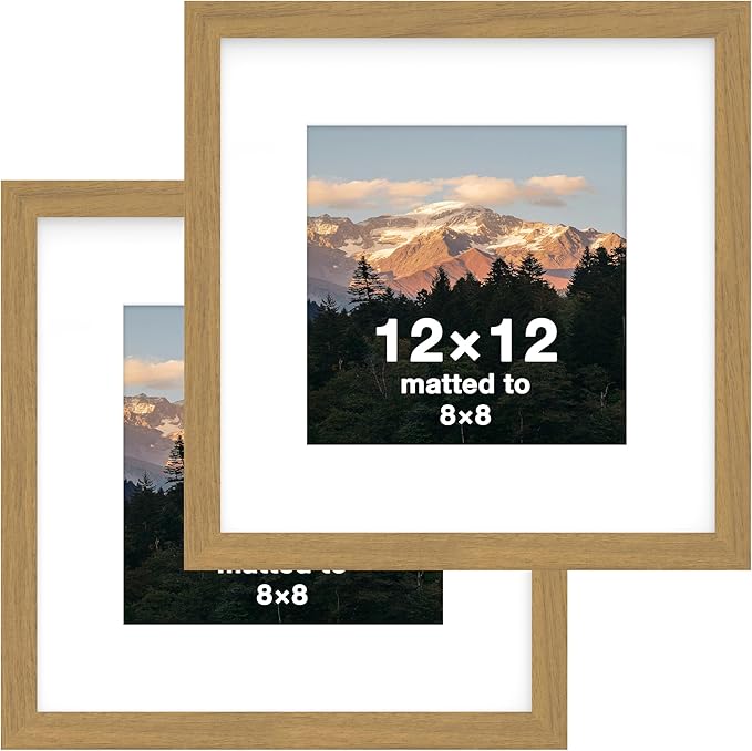 FrameWorks 2-Pack, 12x12 Matted to 8x8 Picture Frame, Golden Oak – Classic Wooden Photo Frame with Tempered Glass, Modern Matte Finish for Prints, Posters, Certificates & Wall Decor – Gallery-Ready