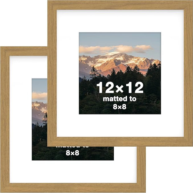 FrameWorks 2-Pack, 12x12 Matted to 8x8 Picture Frame, Golden Oak – Classic Wooden Photo Frame with Tempered Glass, Modern Matte Finish for Prints, Posters, Certificates & Wall Decor – Gallery-Ready