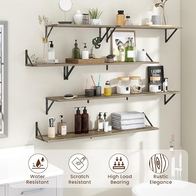 Deep Floating Shelves for Wall,36Wx8D Wall Mounted Shelves Set of 2,Wall Storage Floating Shelf with Sturdy Metal Brackets for Living Room,Bathroom,Kitchen,Office,Grey