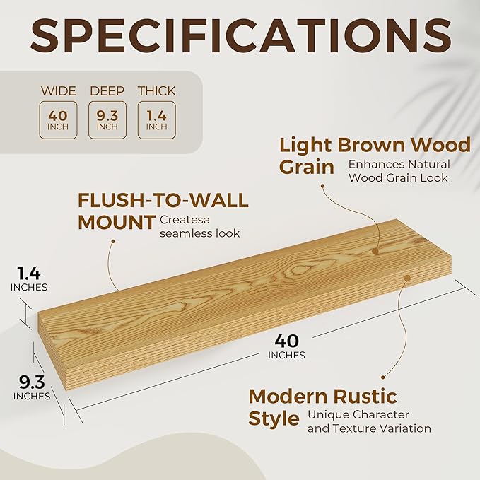 Dreamland 40 Inches Floating Shelves for Wall,9.3 Inch Deep Floating Shelves Set of 2, Large Display & Storage Shelf, Wall Shelf for Bathroom Bedroom Living Room Kitchen Office,Light Brown