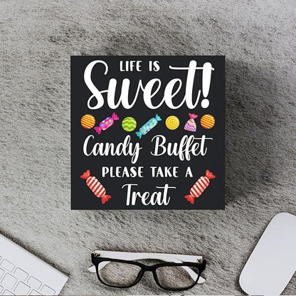 Funny Christmas Candy Buffet Wooden Box Sign Plaque Life is Sweet Candy Buffet Please Take a Treat Wood Box Sign Rustic Art Home Shelf Desk Decor 5 X 5 Inches