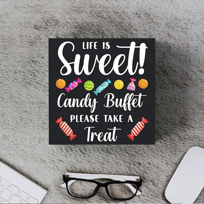 Funny Christmas Candy Buffet Wooden Box Sign Plaque Life is Sweet Candy Buffet Please Take a Treat Wood Box Sign Rustic Art Home Shelf Desk Decor 5 X 5 Inches