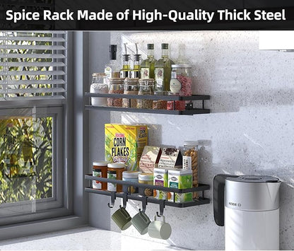 Spice Rack Organizer Wall Mount - 15.7in 2Pack [Upgraded Version] Hanging Seasoning Organizer Shelf with Paper Towel Holder, Storage for Cabinet or Wall Mounted with 4 Strong Hooks (Simple black)