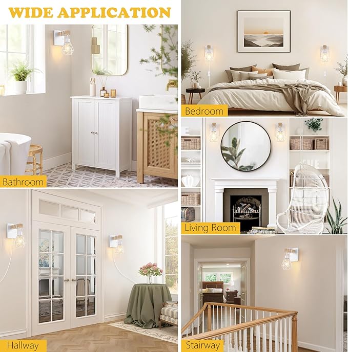 White Plug in Wall Sconces Set of Two, Modern Wall Lights with 5.25FT Plug in Cord, Wooden Bedside Wall Lamps with Metal Shade, Industrial Wall Lighting Decor for Living Room, Hallway, Stairs