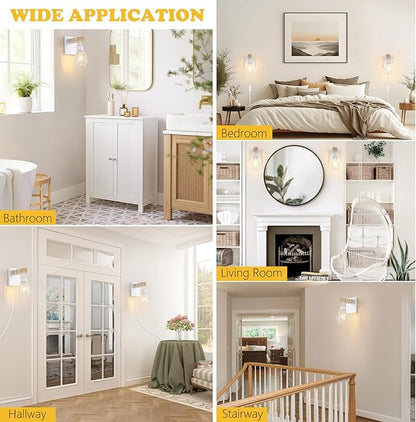 White Plug in Wall Sconces Set of Two, Modern Wall Lights with 5.25FT Plug in Cord, Wooden Bedside Wall Lamps with Metal Shade, Industrial Wall Lighting Decor for Living Room, Hallway, Stairs