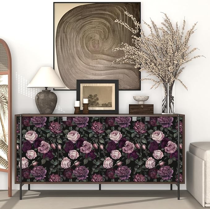 Purple Pink Rose Wallpaper Peel and Stick Vintage Floral Contact Paper 17.5in x393in Flowers Wall Paper Self Adhesive Waterproof Removable for Room Shelves Cabinet Drawer Table Decor Renter Friendly