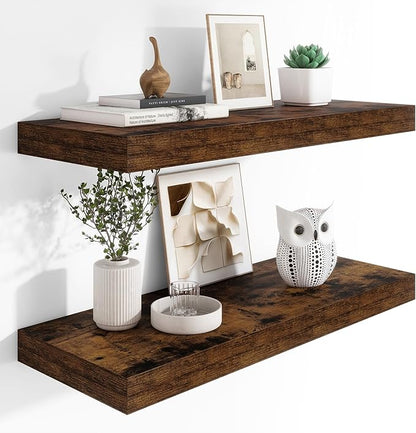 Heimlove 12" Deep Floating Shelves, 36 x 12 Inch Wall Mounted Long Floating Shelf with Invisible Brackets, for Home Decor, Bedroom, Kitchen, Living Room, Bathroom - 2 Pack, Rustic Brown