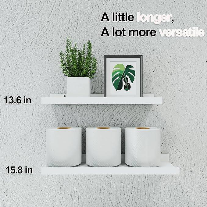 White Floating Shelves for Wall Decor, Wall Mounted Wood Storage Shelf for Bedroom, Living Room, Bathroom, Kitchen, Nursery, Display Picture Ledge Shelf with Lip Set of 2-14 Inches, White
