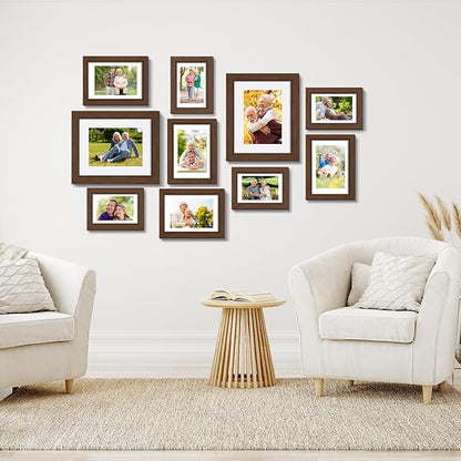 Picture Frames, Made of Real Glass and Wooden Frame, Gallery Photo Frames Set of 10 for Collage Wall Decor, Multi Sizes Including 8x10, 5x7, 4x6 for Mounting or Tabletop Display, Dark Brown