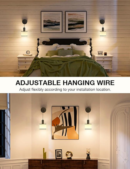 NIORSUN Battery Operated Wall Sconce Set of 2, Black&Off-White Wireless Rechargeable Wall Lights with 5200mAh Dimmable Detachable Bulbs and Remote, 9 Colors Sconces Wall Decor for Bedroom Living Room